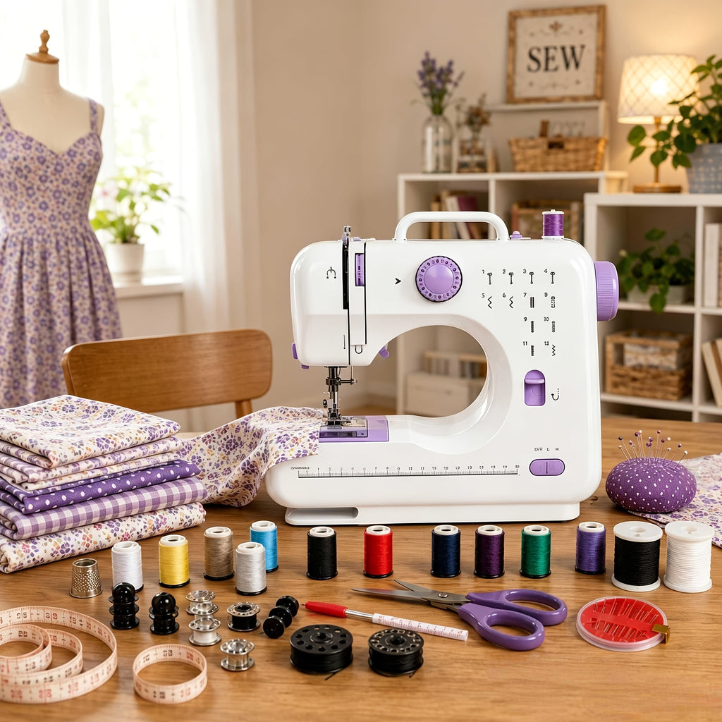 Portable Sewing Machine for Beginners 12 Stitches LED Light Double Speed Foot Pedal Mini Electric Sewing Machine with 12 Colors Thread Set Household DIY - product image