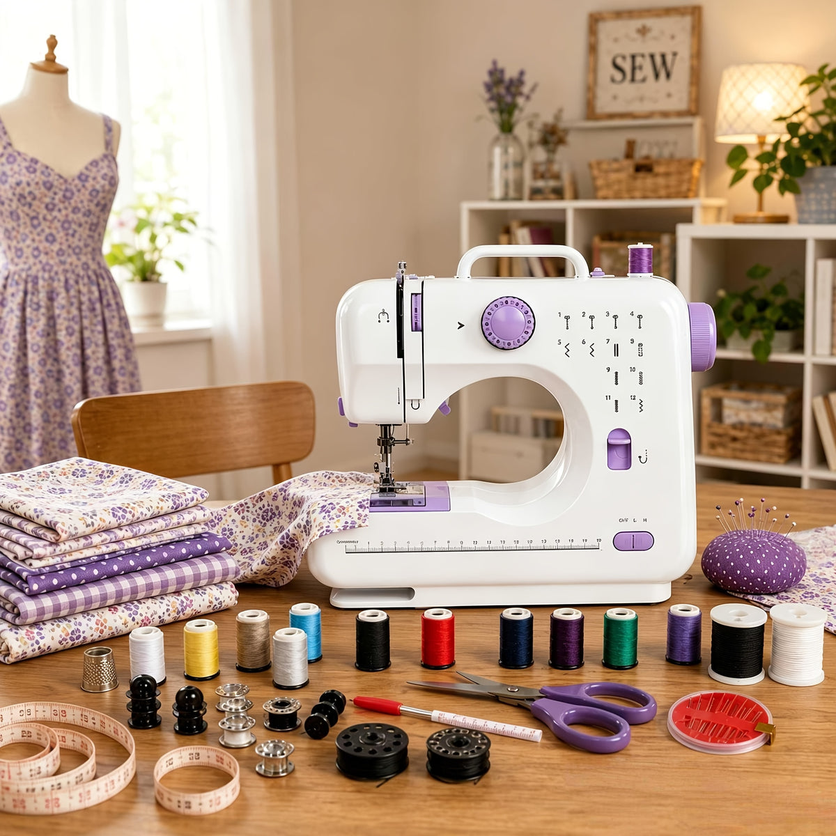 Portable Sewing Machine for Beginners 12 Stitches LED Light Double Speed Foot Pedal Mini Electric Sewing Machine with 12 Colors Thread Set Household DIY - product image