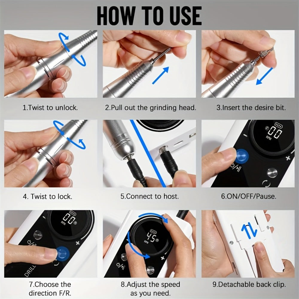 Nail Drill Machine 45000 RPM Brushless Motor 10-Hour Battery Electric Nail File with LCD Smart Screen 6 Drill Bits 6 Sanding Bands – Forward Reverse Low Noise Nail Grinder for Gel  - product image 14