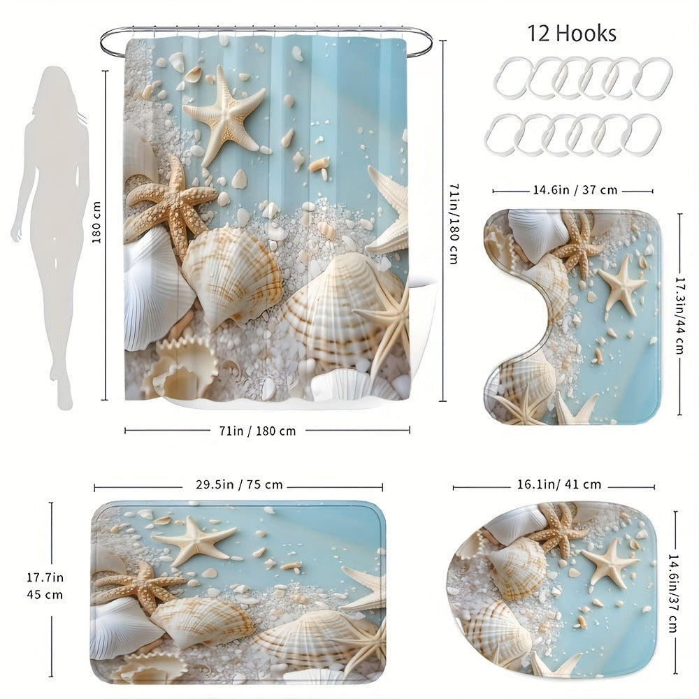 Shower Curtain Set Sea Star Shell Design Polyester with 12 Hooks Non-Slip Bath Mat U-Shaped Toilet Pad Lid Cover Bathroom Decor Set - product image 3