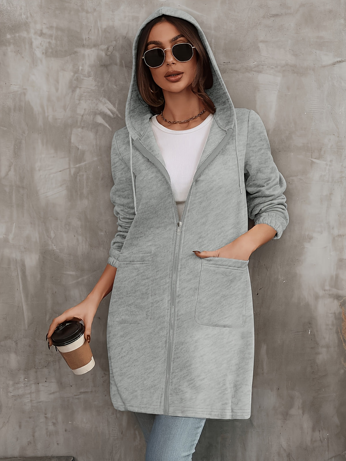 Women's Chic Light Gray Long Hoodie with Kangaroo Pocket, Zipper & Drawstring - Casual Polyester Warm Jacket, Machine Washable for Fall/Winter, Jacket Hoodie - product image 4