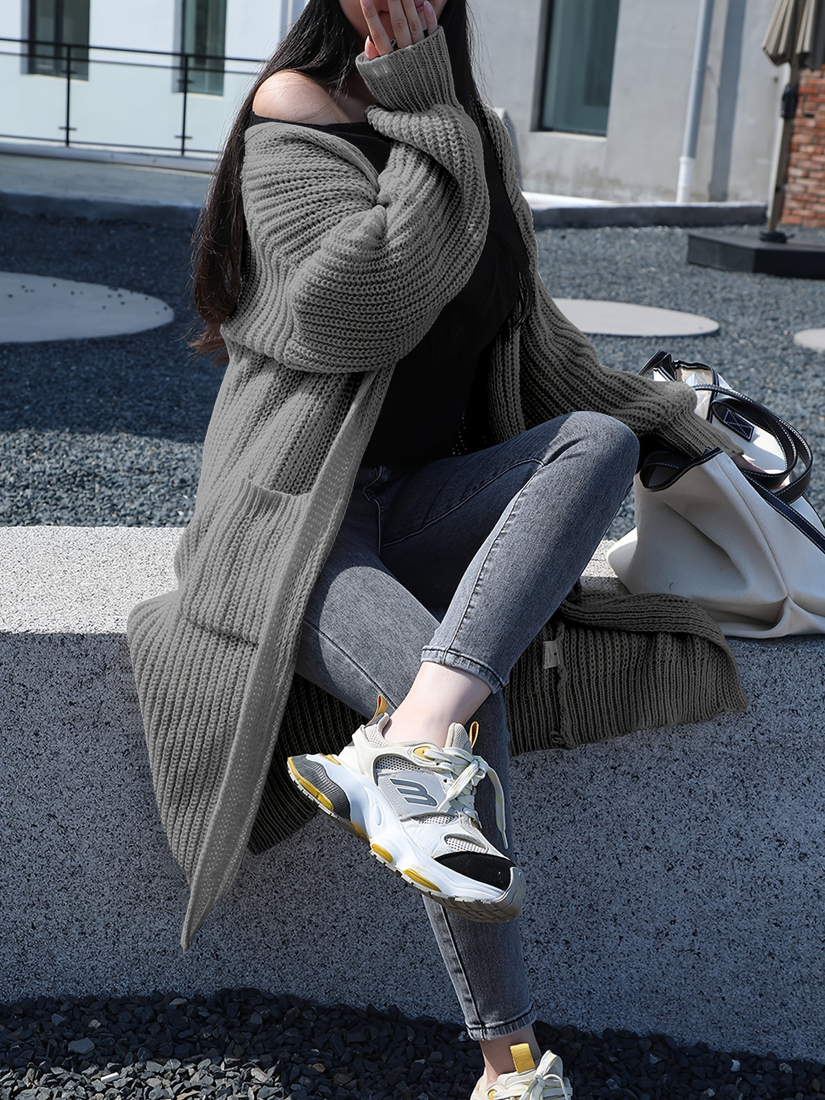 Plus Size, Solid Color Plus-Size Women's Long Pocket Cardigan Loose Over-the-Knee Sweater Coat Fashion Versatile Outerwear - product image 12