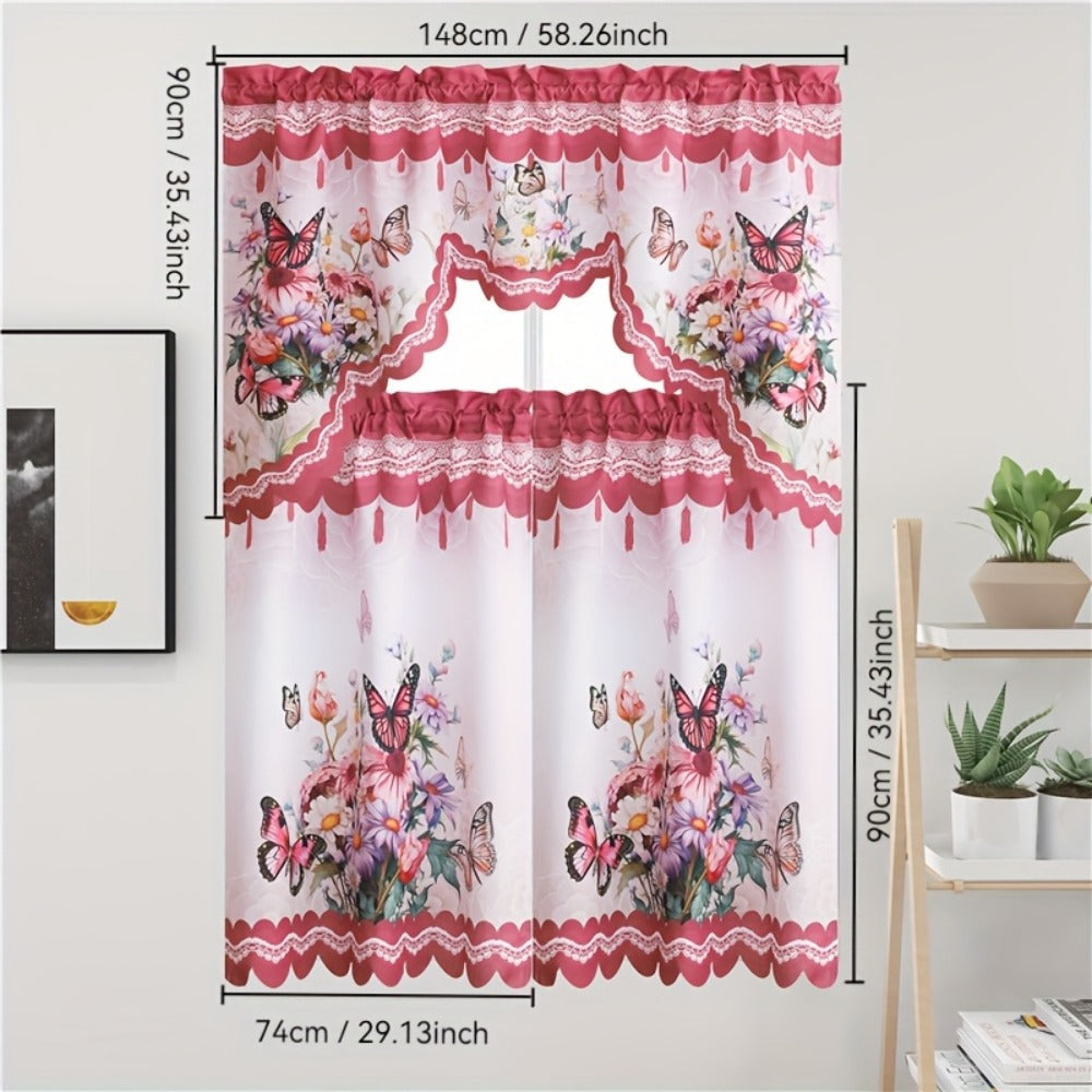Blackout Kitchen Curtains 3-Piece Set with Butterfly Floral Print - Rod Pocket Window Curtains for Kitchen, Living Room, Bedroom, Bathroom & Restaurant, Polyester Fabric, Machine W - product image 4