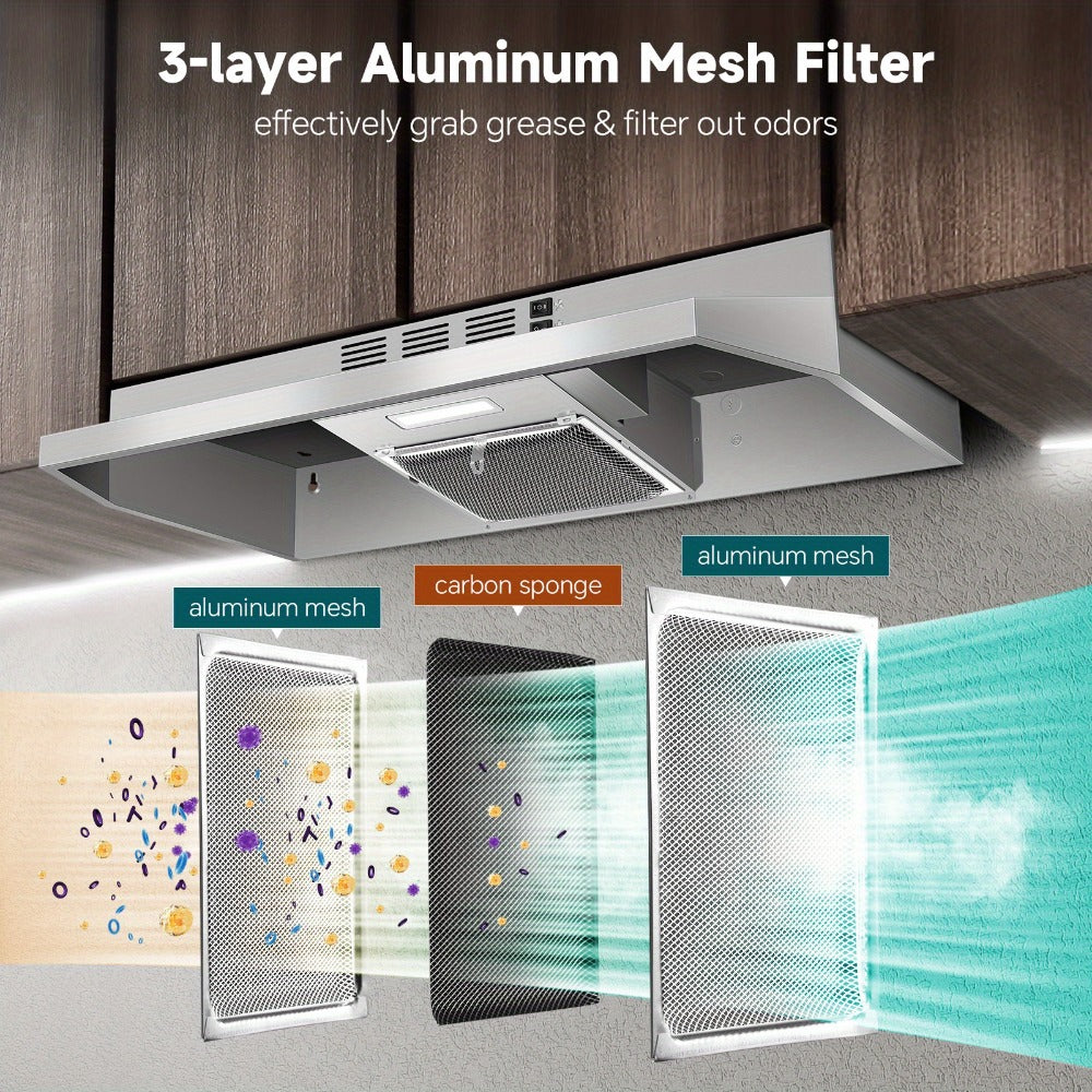 Range Hood 36 Inch Under Cabinet Ducted Ductless Convertible Stainless Steel 350CFM 2-Speed Exhaust Fan LED Light 3-Layer Aluminum Mesh Filter Top Rear Venting Kitchen Vent Hood - product image 2