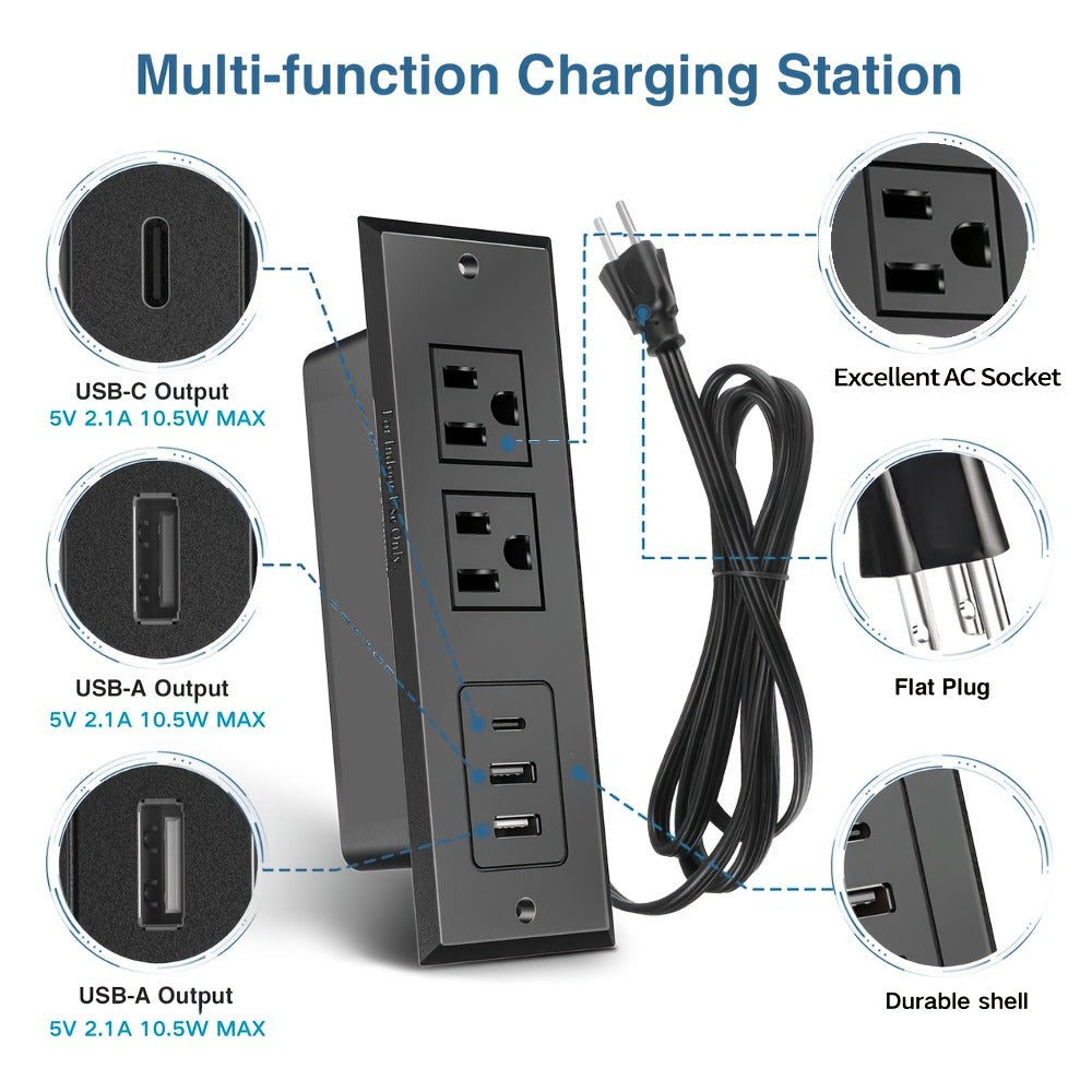 Recessed Power Strip Flush Mount Desk Outlet with USB-C & USB-A Ports In-Desk Power Grommet for Conference Room Office Table Furniture 1.5m Cord - product image 2