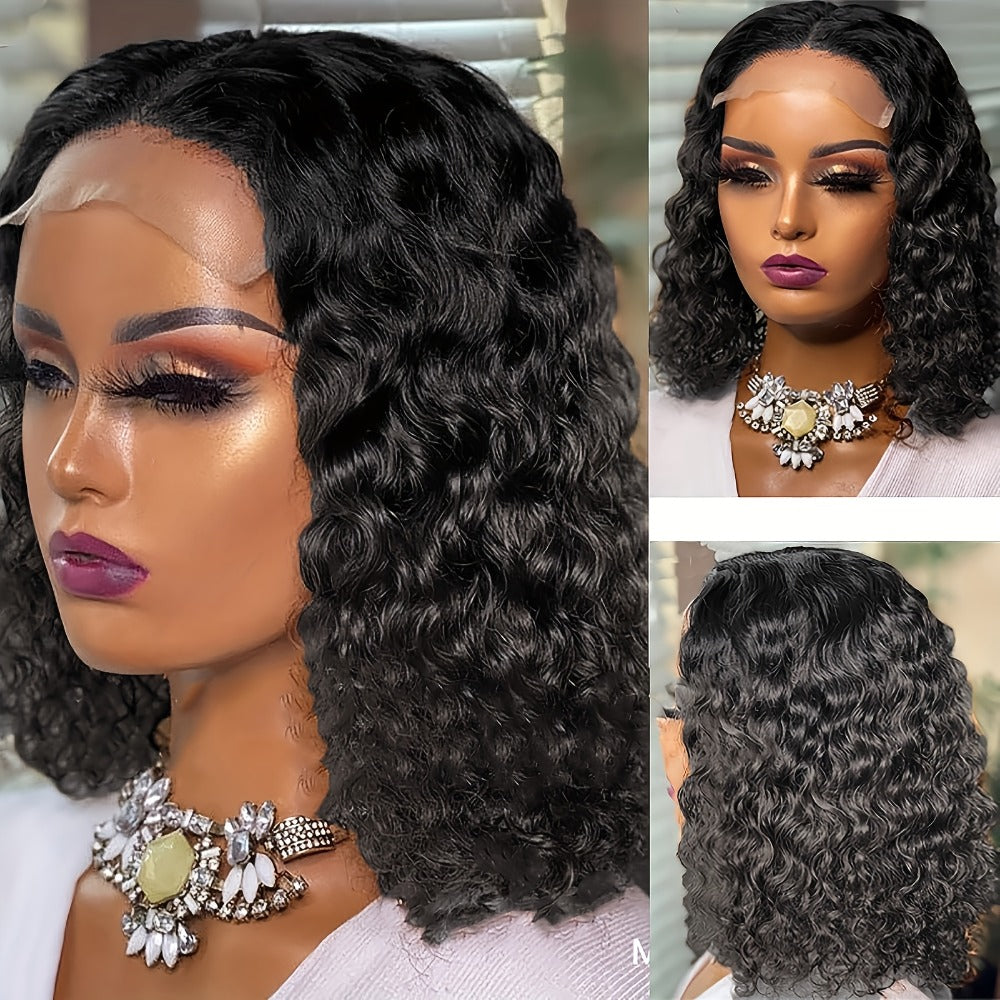 Water Wave Lace Front Wig Deep Curly Short Bob 14 Inch 150% Density Glueless – Adjustable Rose Net Cap Synthetic Wig for Women | Black | Daily Wear Cosplay Costume Party Gift - product image