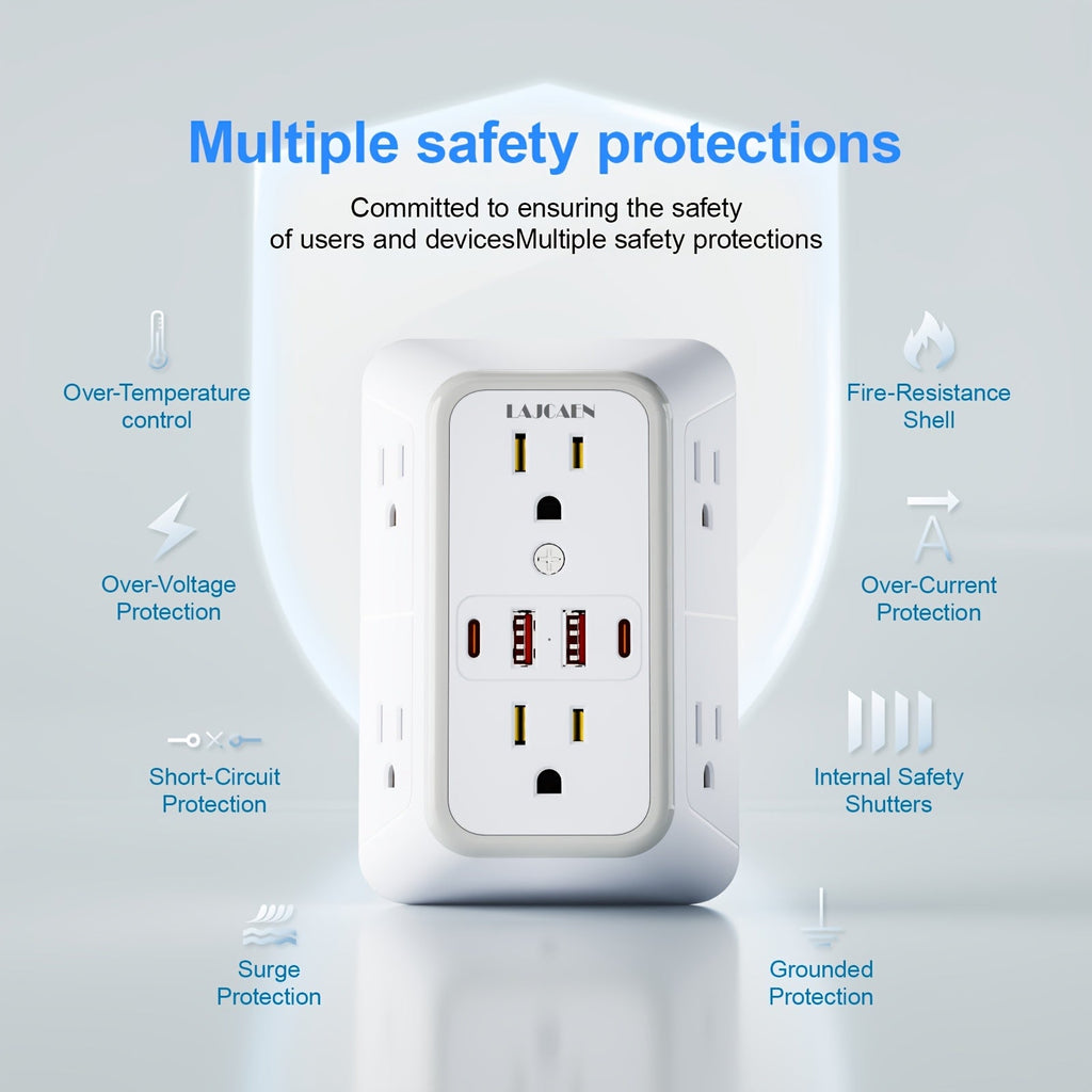 Outlet Splitter Wall Expander 10-in-1 with 6 AC Outlets 2 USB-A 2 USB-C Ports 3-Sided Plug Extender Surge Protector Night Light Compact Space-Saving Design for Home Dorm Apartment  - product image 15