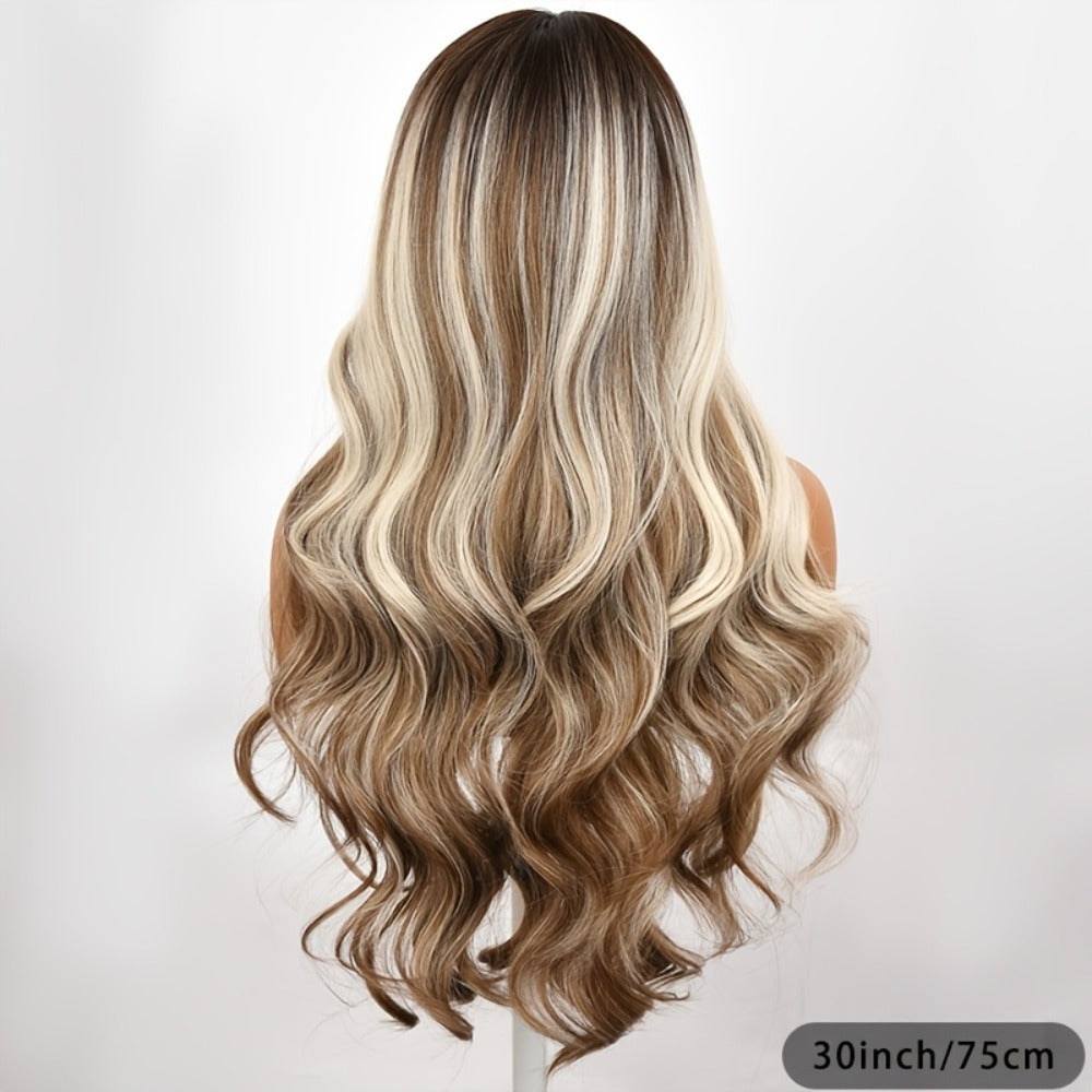 Rose Net Cap Wig Water Wave 30 Inch Long Curly Synthetic Brown Highlights Middle Part Beginner Friendly Glueless Natural Look Daily Wear Women - product image 4