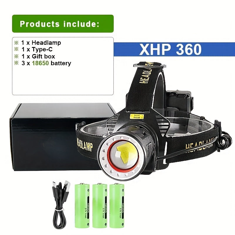 XHP360 Rechargeable Headlamp 3 Modes Sensor 90° Tilt Power Bank Type-C 3x18650 Zoomable Head Torch for Fishing Camping Hiking - product image 2