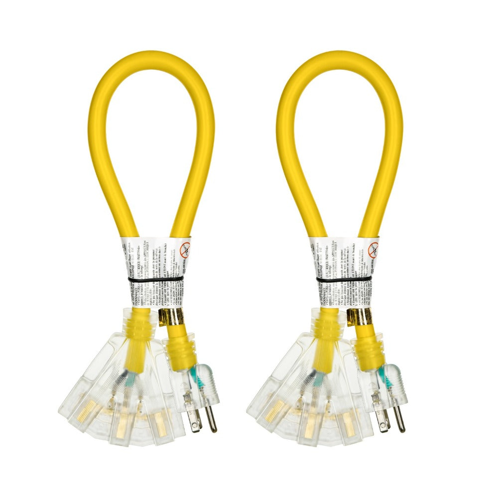 Heavy Duty Extension Cord Splitter Tri-Tap 2-Pack – 15A SJTW Contractor Grade, LED Lighted Plug, 2ft Yellow Jacket for Outdoor & Job Site Use - product image
