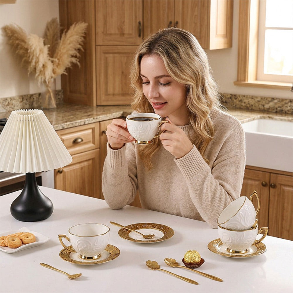 Espresso Cups Set 12 Pcs – 7.44 Oz Small Ceramic Cappuccino Cup Set with 6 Cups, 6 Trays & 6 Spoons – Elegant Coffee & Tea Cup Set with Handles – Perfect Gift for Coffee Lovers - product image 10
