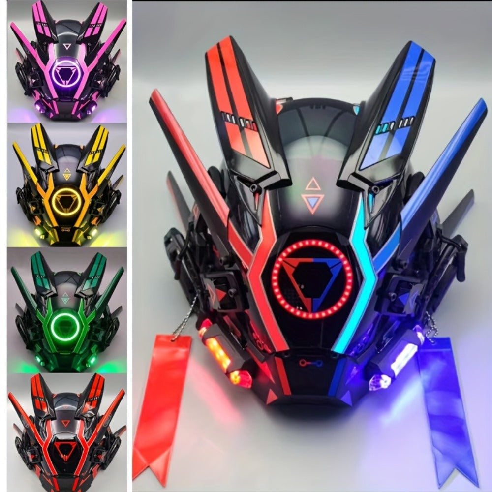 Round Light Mechanical Glow Face Mask for Music Festival, Halloween, Christmas, Cosplay & Rave Party, 5 Colors Yellow Green White Red Blue, Adult Gift – LED Luminous Punk Mask Unisex