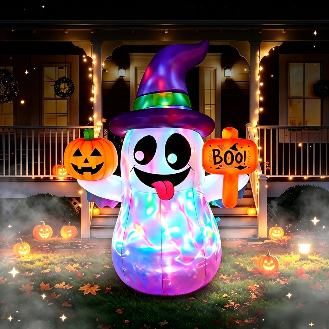 5 FT for halloween Inflatables Ghost Outdoor Decorations, Blow Up Cute Wizard Ghost With Pumpkin, Blow Up Yard Decoration With Rotating Colorful LED For - product image