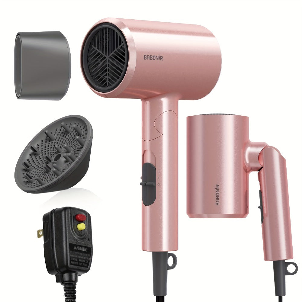 1875W Ionic Travel Hair Dryer Foldable with Diffuser & Concentrator Nozzle — Brushless Motor, 3 Heat Settings, 2 Speeds, Fast Drying Compact Blow Dryer for All Hair Types, Pink or  - product image 3