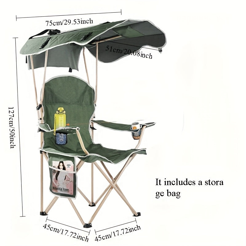 Carry-along Folding Camping Chair with Canopy Sun Shade 600D Oxford Fabric Outdoor Chair for Camping Beach Picnic Fishing Sports Featherlight Collapsible Seat