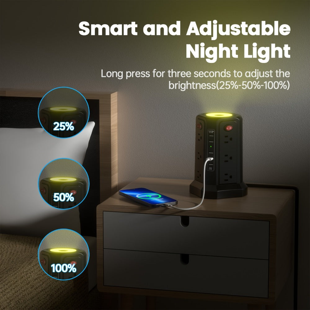 Surge Protector Power Strip Tower with 12 AC Outlets 5 USB Ports 8.8FT Extension Cord Night Light 4 Individual Switches Overload Protection for Home Office Desk Dorm Room - product image