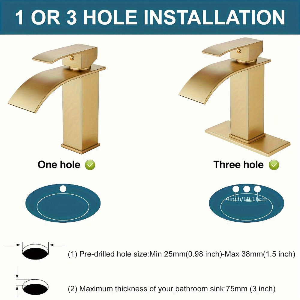 Waterfall Bathroom Sink Faucet, Single Hole or 3-Hole Mixer Tap with 6" Deck Plate, Ceramic Valve, Vanity Faucet for Farmhouse RV Bathroom, Brushed Gold Matte Black Nickel Chrome - product image 6