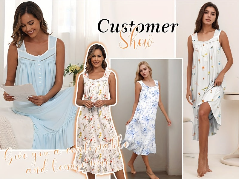 2pcs Nightgowns for Women - Long Flowy Victorian Sleeveless Sleepshirt, Elegant Printed Sleepwear Set (S-XXL)