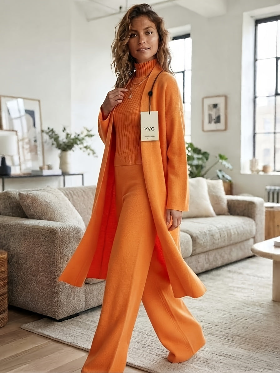 Genuine - Women's Autumn and Winter New Loose Set: Long Wide-Leg Pants + Shawl Cardigan + High-Collar Sweater Vest Fashion Three-Piece Set - product image 14