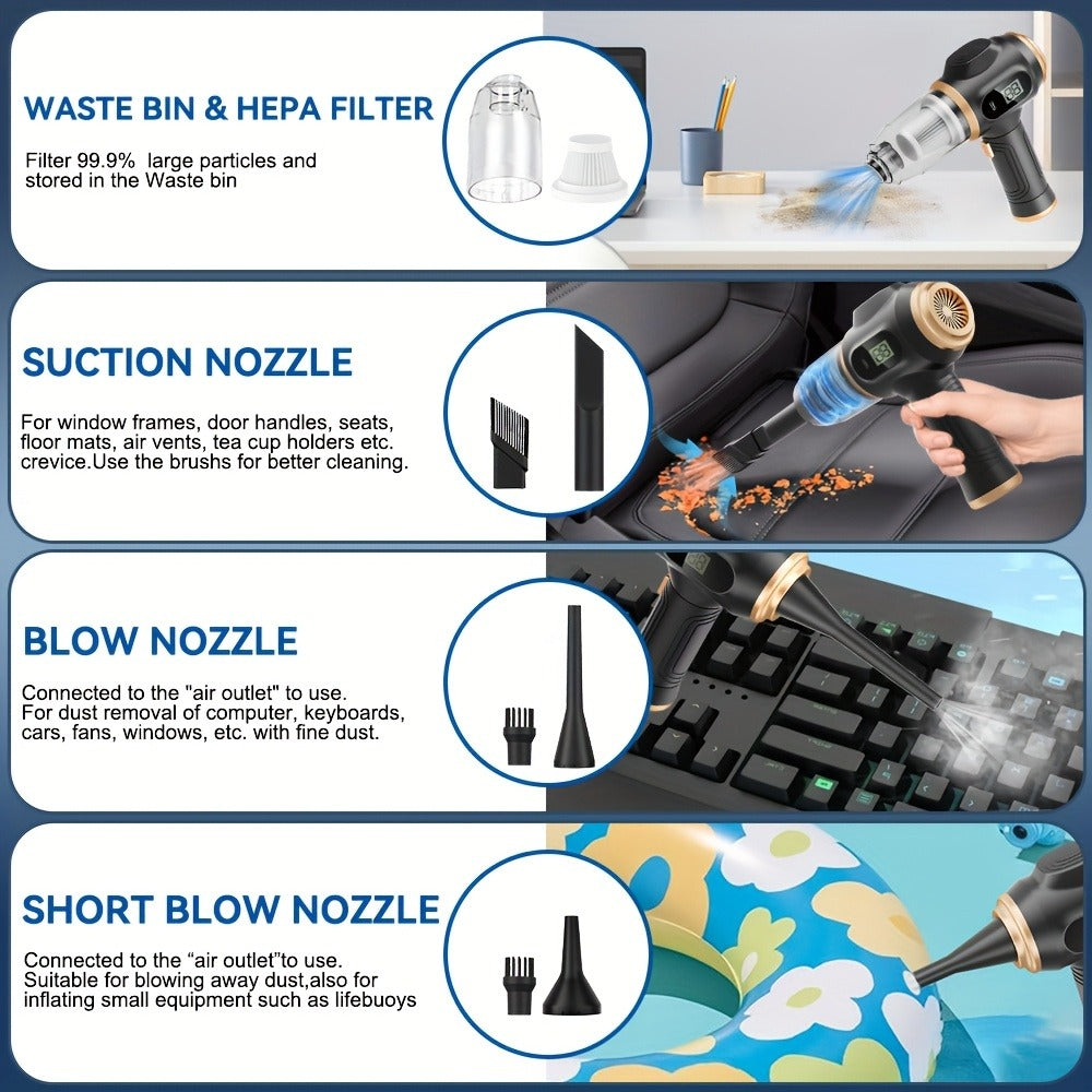 Cordless Handheld Vacuum Cleaner with LCD Display & Multi-Nozzles, 9000Pa Suction 50000RPM HEPA Filter, 2-in-1 Blow & Vacuum for Car Home Office Pet Hair Keyboard Sofa - product image 9
