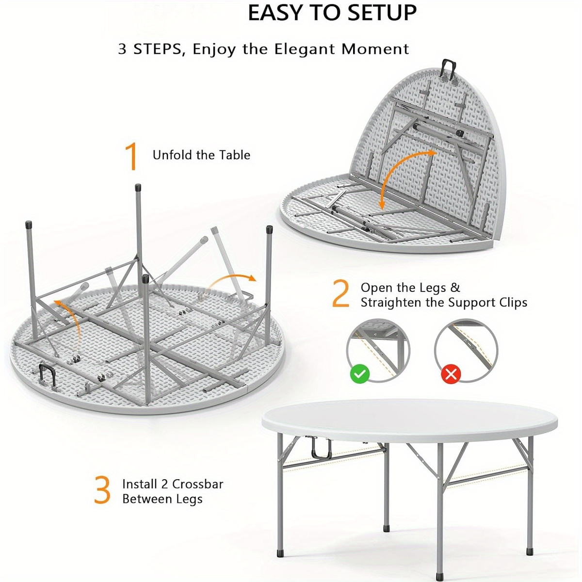 Round Folding Table 48" / 60" Bi-Fold HDPE 1.75" Thick Top Rust-Resistant Steel Frame for Wedding, Party & Commercial Events — 1, 2 or 4 Pack - product image 15