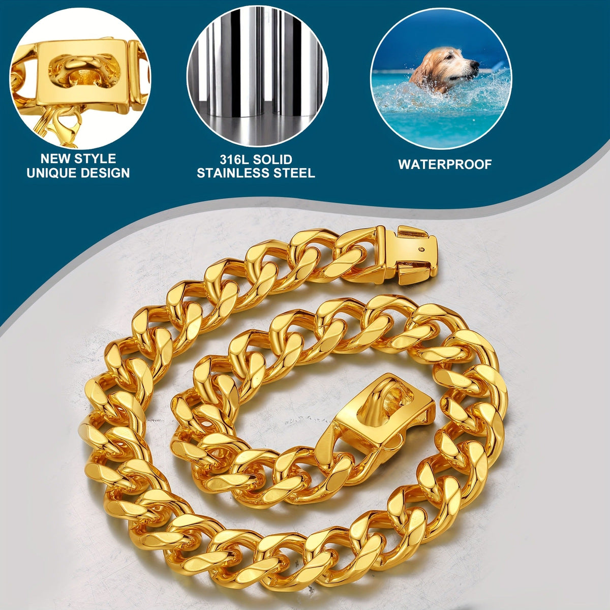 19mm Gold Plated Stainless Steel with Snap Lock, 6 Sizes for Puppy Small Medium Large Dogs | Cuban Link Dog Chain Collar - product image 9