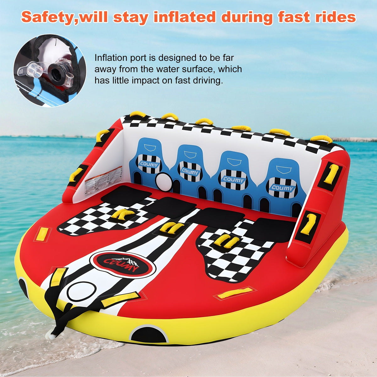 Inflatable Towable Tube for Boating – Heavy Duty PVC Pull Behind Water Tube with Front & Rear Tow Points, 840D Nylon Cover, Sofa Seat Design for 3-4 Riders - product image 11