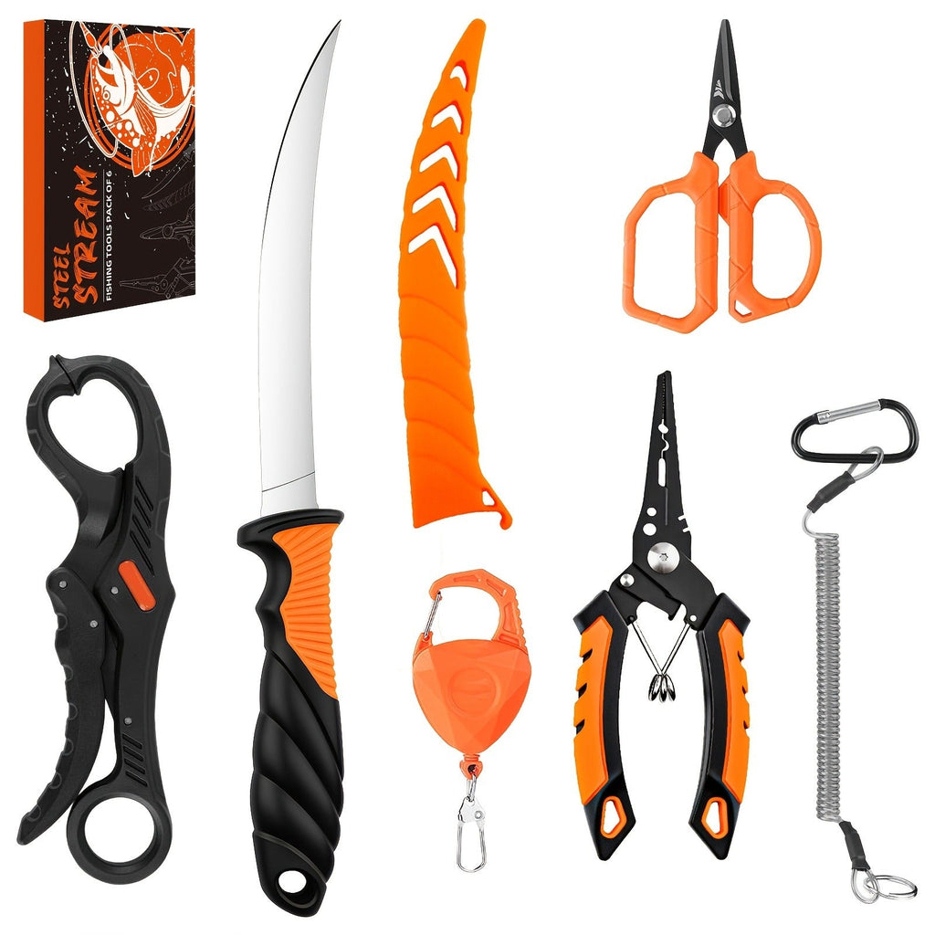 Fishing Tool Kit 6-Piece Corrosion Resistant Pliers Fillet Knife Fish Lip Gripper Braid Scissors Tool Retractor with Lanyard Fishing Gifts for Men for Patio - product image 7