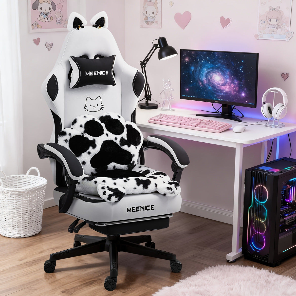 Cat Ear Gaming Chair Ergonomic Reclining Computer Chair with Footrest Paw Lumbar Cushion Wingback PC Game Chair for Girls Adults 300LBS Pink Black Blue for Barbershop & Home Grooming
