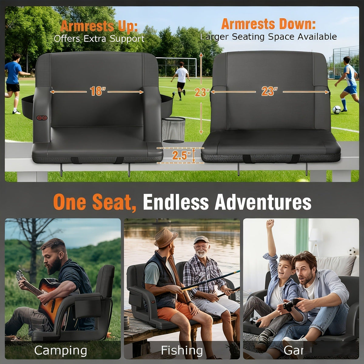 Heated Stadium Seat with Back Support for Bleachers 6 Reclining Positions 3 Heat Levels Dual-Zone USB Heated Bleacher Chair with 5 Storage Pockets Adjustable - product image 14