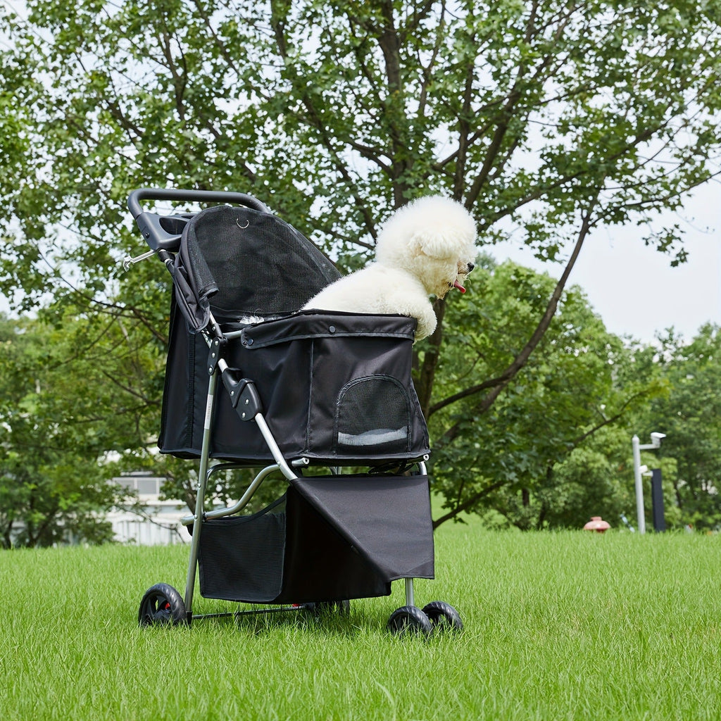 Foldable Jogger Stroller with Weather Cover, Storage Basket & Cup Holder, Breathable Mesh Window, All-Season Outdoor Walk Pram, Black | 3-Wheel Pet Stroller - product image 3