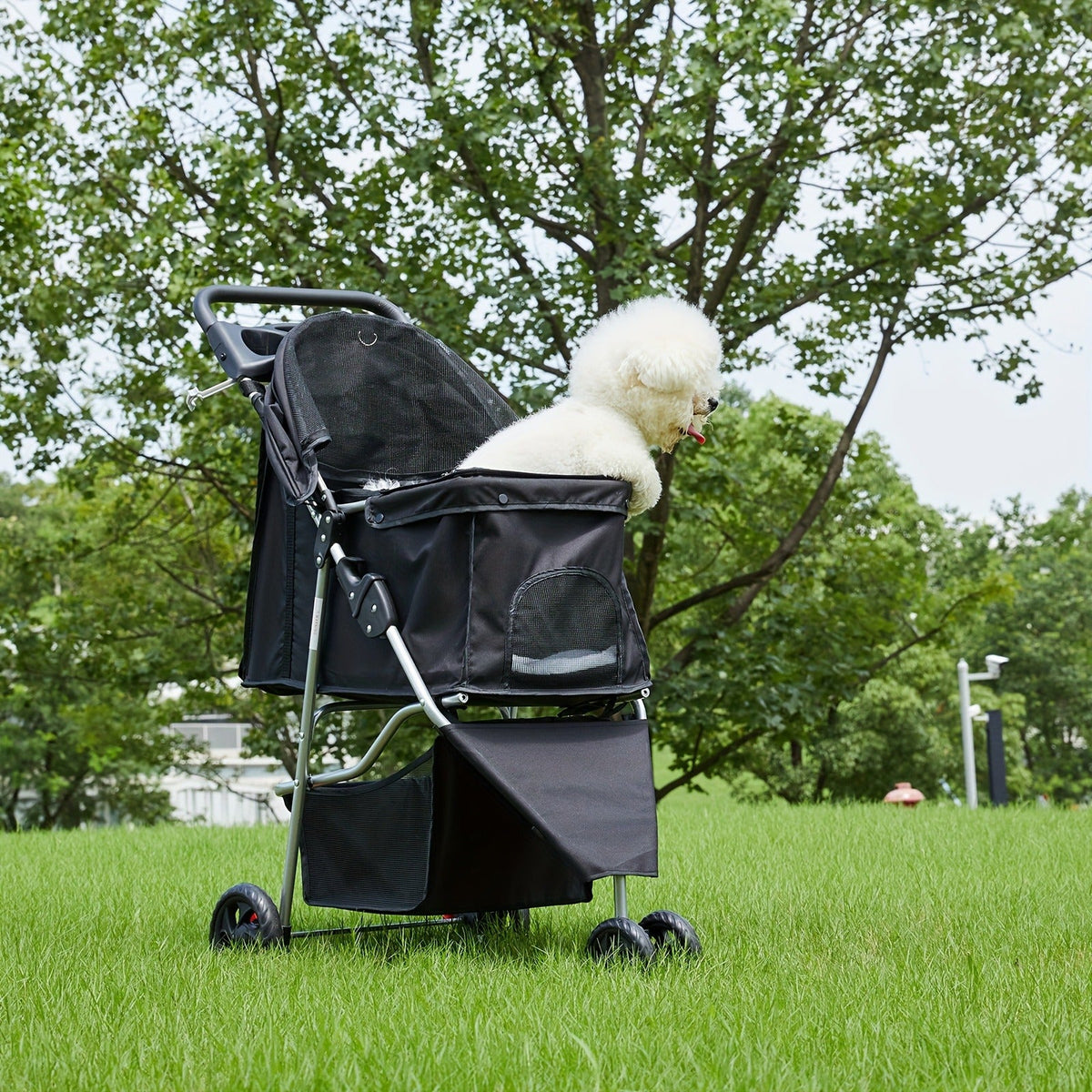 Foldable Jogger Stroller with Weather Cover, Storage Basket & Cup Holder, Breathable Mesh Window, All-Season Outdoor Walk Pram, Black | 3-Wheel Pet Stroller - product image 3