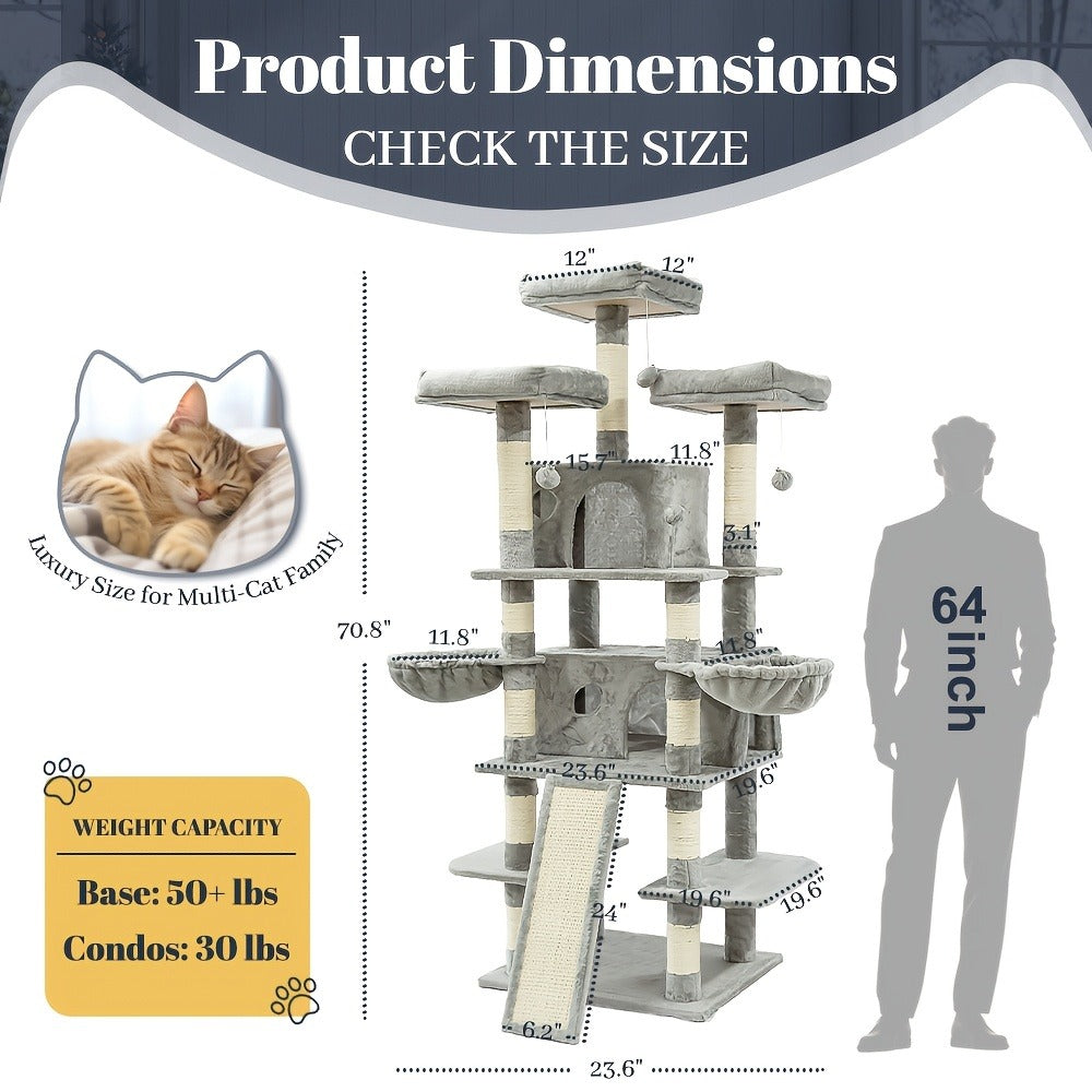 Large Multi-Level Cat Tree Tower – 68 – 81 Inch Tall Cat Condo with 2 Condos, 3 Plush Perches, Scratching Posts & Cat Hair Brush - product image 16