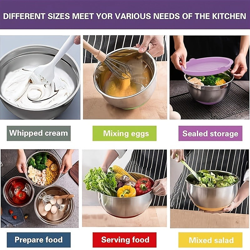 Stainless Steel Mixing Bowls Set with Airtight Lids 7 Piece | Dishwasher Safe Kitchen Bowls for Cooking Baking Camping Travel | Stackable Nesting Bowls with Measuring Spoons Whisk Spatula Tongs Basting Brush