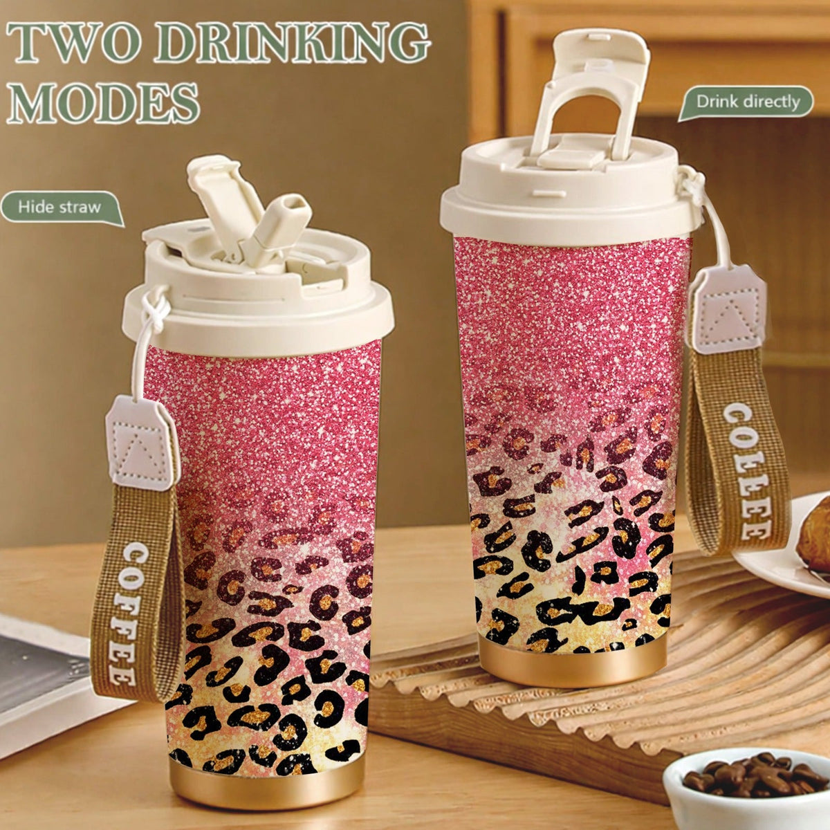 Pink Glitter & Golden Leopard Print, Leak-Proof Collapsible Straw Lid, Keep Hot 12H Cold 24H, Trendy Travel Coffee Cup Gift for Women | Insulated Stainless Steel Tumbler 18oz