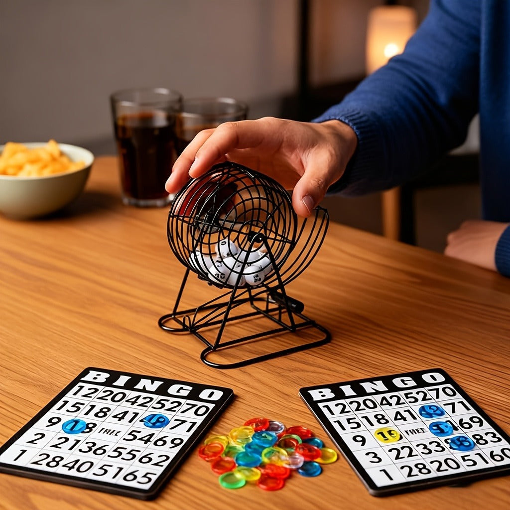 Deluxe Bingo Game Set with Stainless Steel Metal Cage – Includes Bingo Balls Cards & Colorful Chips – Classic Family Board Game for Game Nights Parties and Large Groups