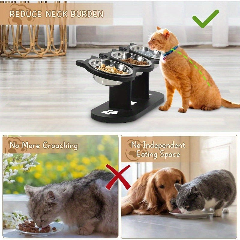 Elevated Cat Bowl Stand with Tilted Stainless Steel Bowls | Adjustable Raised Feeder, Anti-Spill, Black Wood Base for Cats & Small Dogs - product image 9