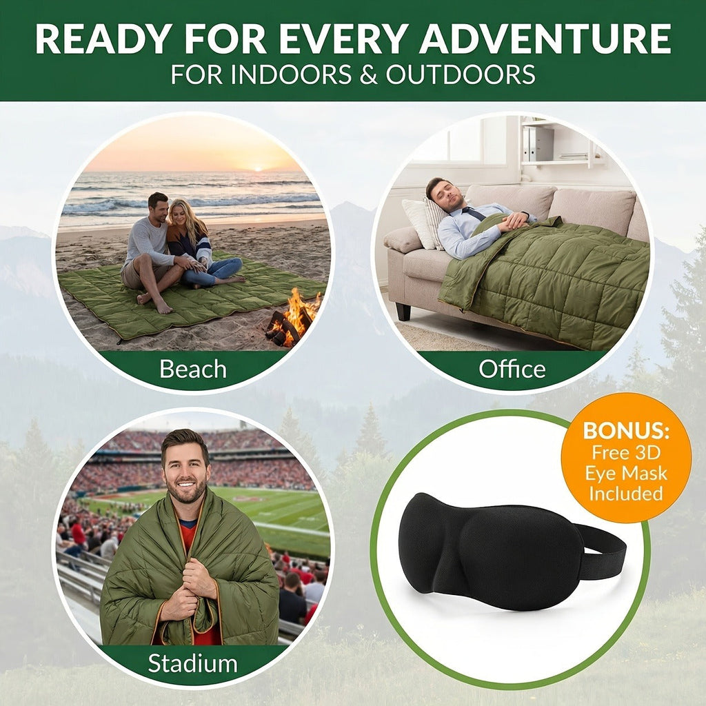 Puffy Camping Blanket Foldable Lightweight Water Resistant with 3D Eye Mask – DWR Coated Outdoor Blanket for Camping, Hiking, Travel, Beach, Stadium & Car, Warm Packable Throw in 4 Colors, 55" x 78"