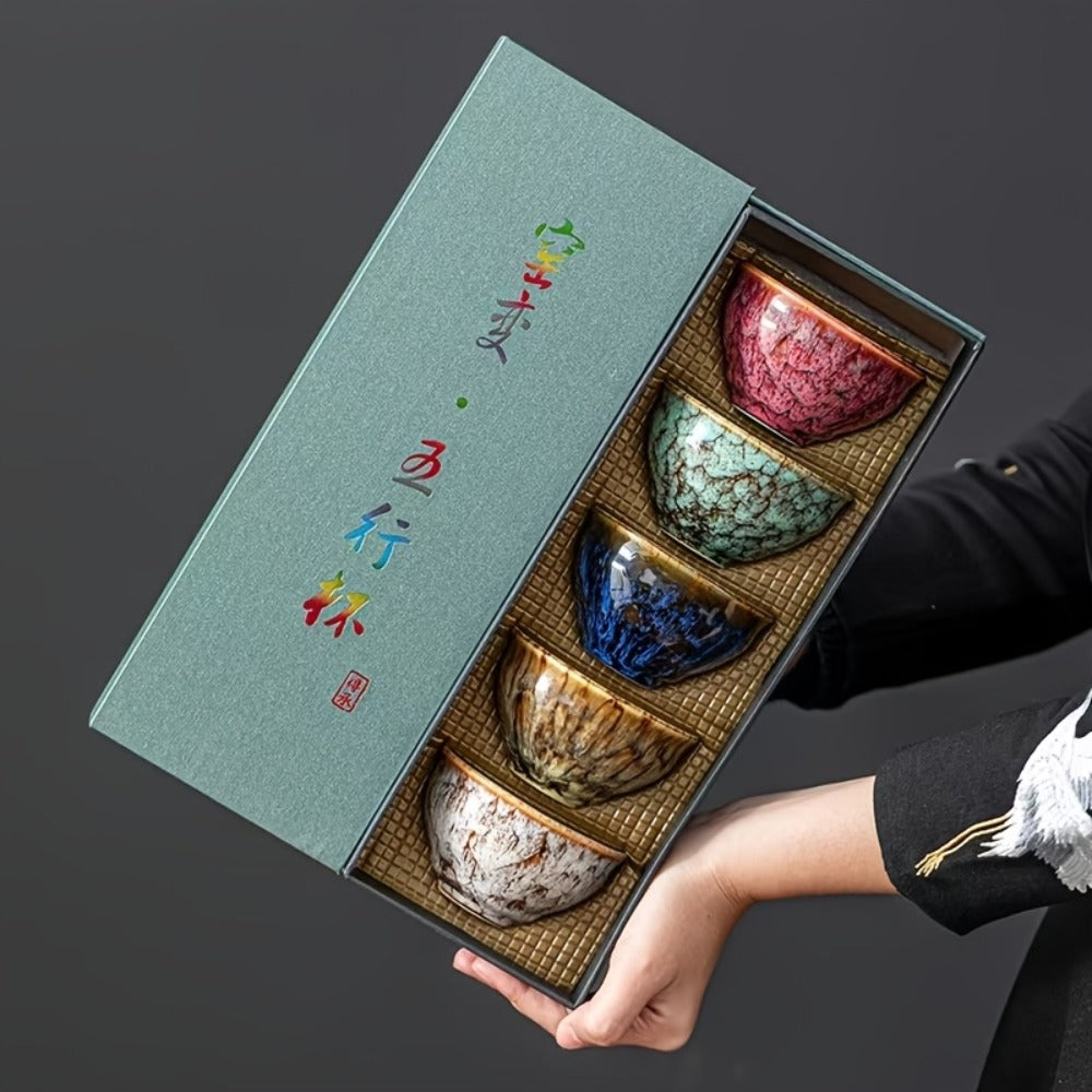 Kung Fu Tea Cups Set of 5 – Handmade Kiln-Fired Jianzhan Ceramic Teacups – Five-Element Design in 5 Colors with Gift Box – Elegant Chinese Tea Ceremony Cup Gift for Business, Frien - product image 2