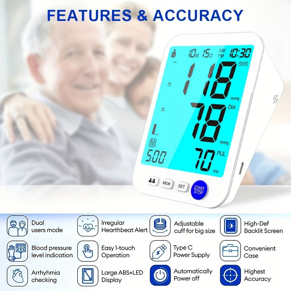 Upper Arm Blood Pressure Monitor Automatic – Large LED Backlit Screen, Extra-Large Cuff, 1000-Reading Memory for 2 Users, One-Button BP Machine for Home Hypertension Management - product image 2