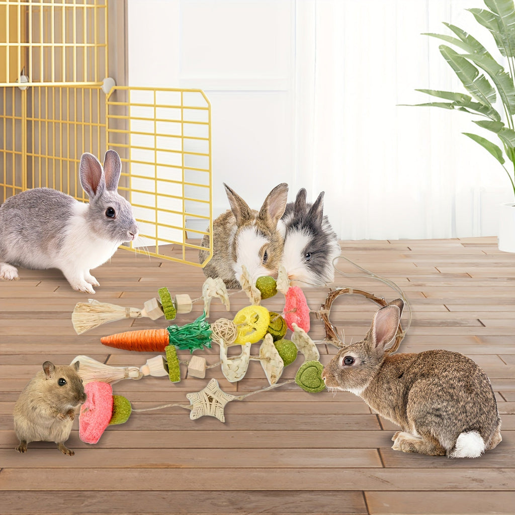 Small Animal Chew Toys 2 Pack | Teeth Grinding Enrichment Toy for Bunnies and Small Pets | Rattan Ring Hanging Cage Toys with Natural Snacks for Rabbits Guinea - product image 2