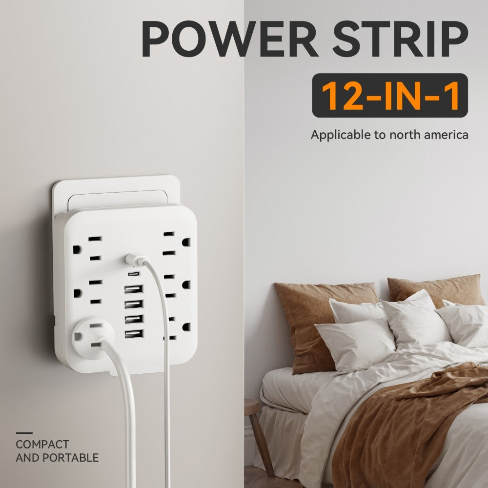 Wall Power Strip 12-in-1 with 6 AC Outlets & 6 USB Ports (2 USB-C) – Compact Space-Saving Plug, 110-130V US Plug for Home & Office – White & Black - product image 11