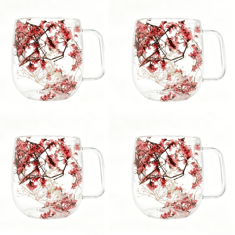 Double Wall Glass Coffee Cups with Handle Set of 4 – Borosilicate Thermal Mugs for Latte Cappuccino Tea | Dried Flower & Petal Design Transparent Drinkware for Office Home Gifts - product image 3