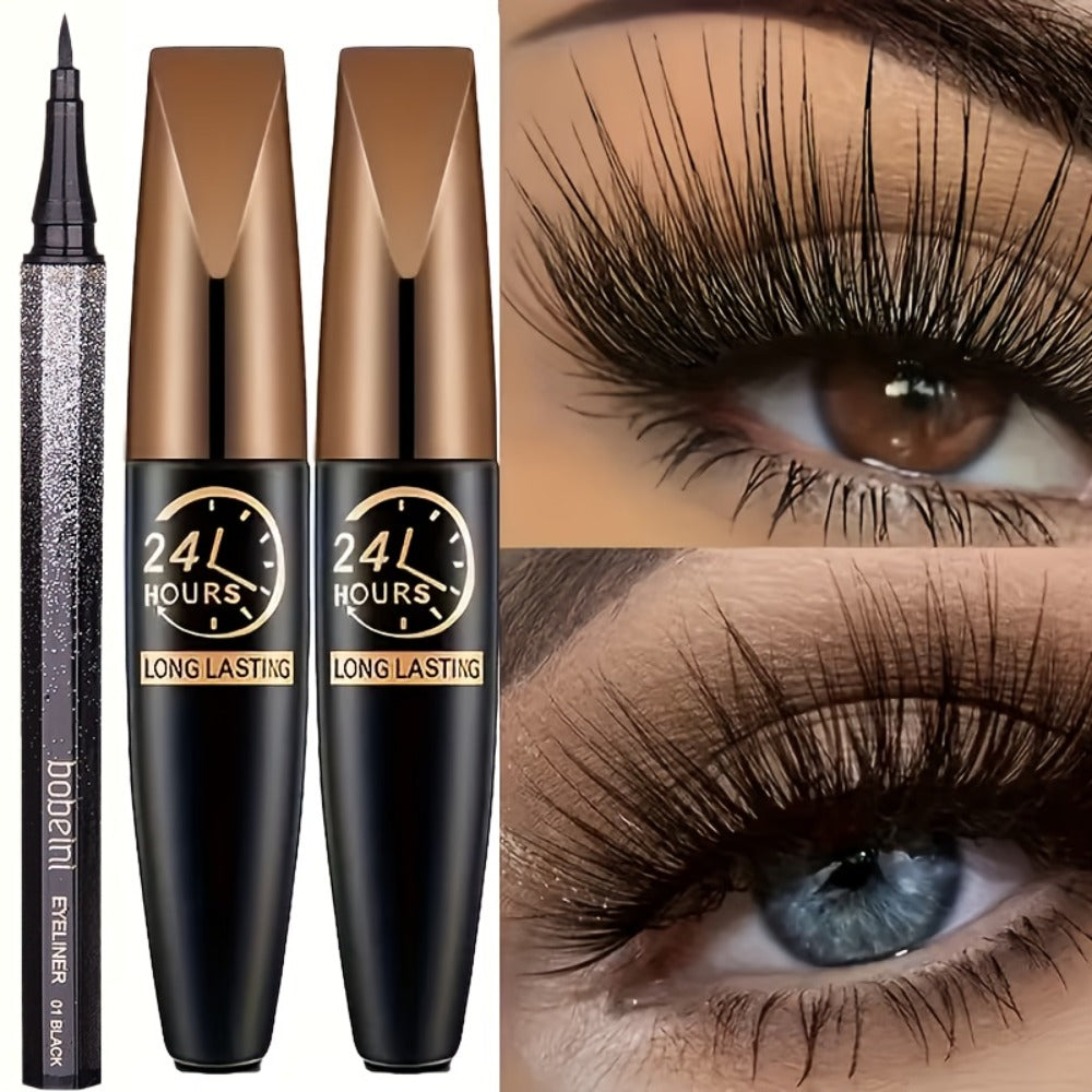 8D Fiber Mascara Set 2 Pcs Volumizing Lengthening Smudge-Proof Waterproof Long-Lasting Lash Extension Enhancer with Eyeliner Pencil Bold Black Eye Makeup Gift for Her - product image 9
