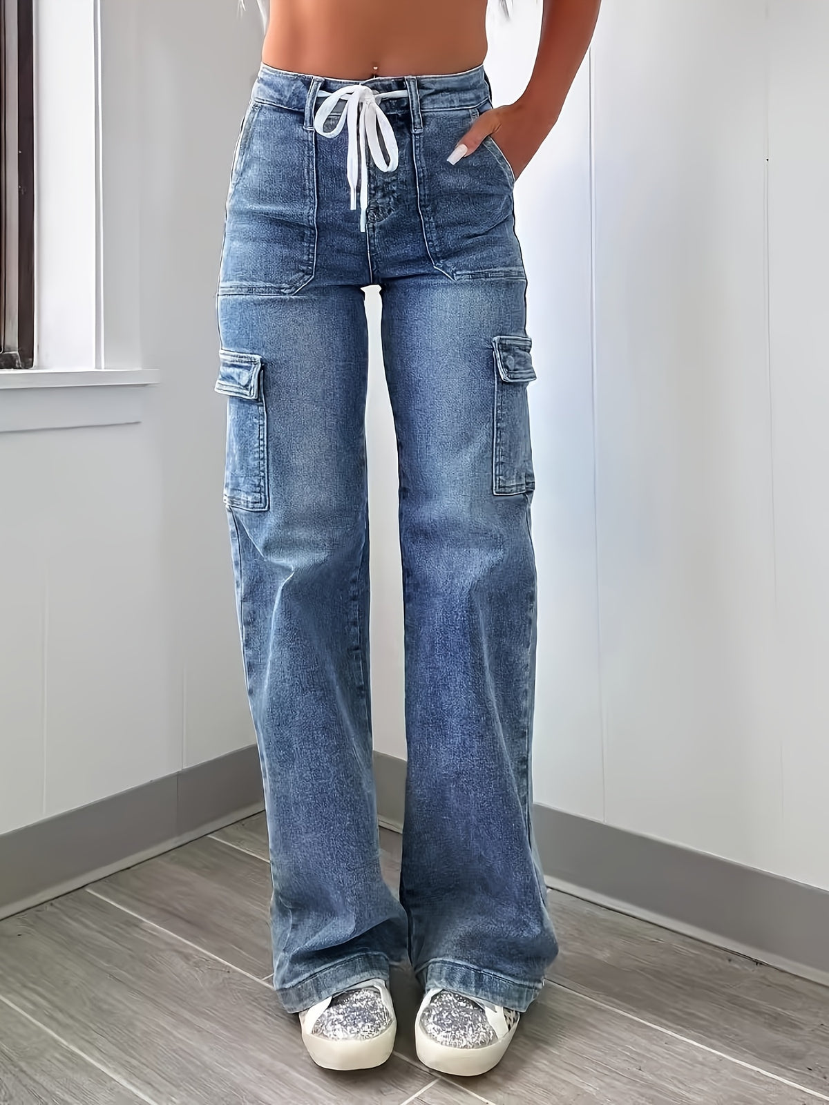 New Style Women's Leisure Straight-Leg Jeans with Laces and Multiple Pockets, Casual Fashion Denim Fabric Sweatpants Jeans Fit Women's Clothing - product image 12