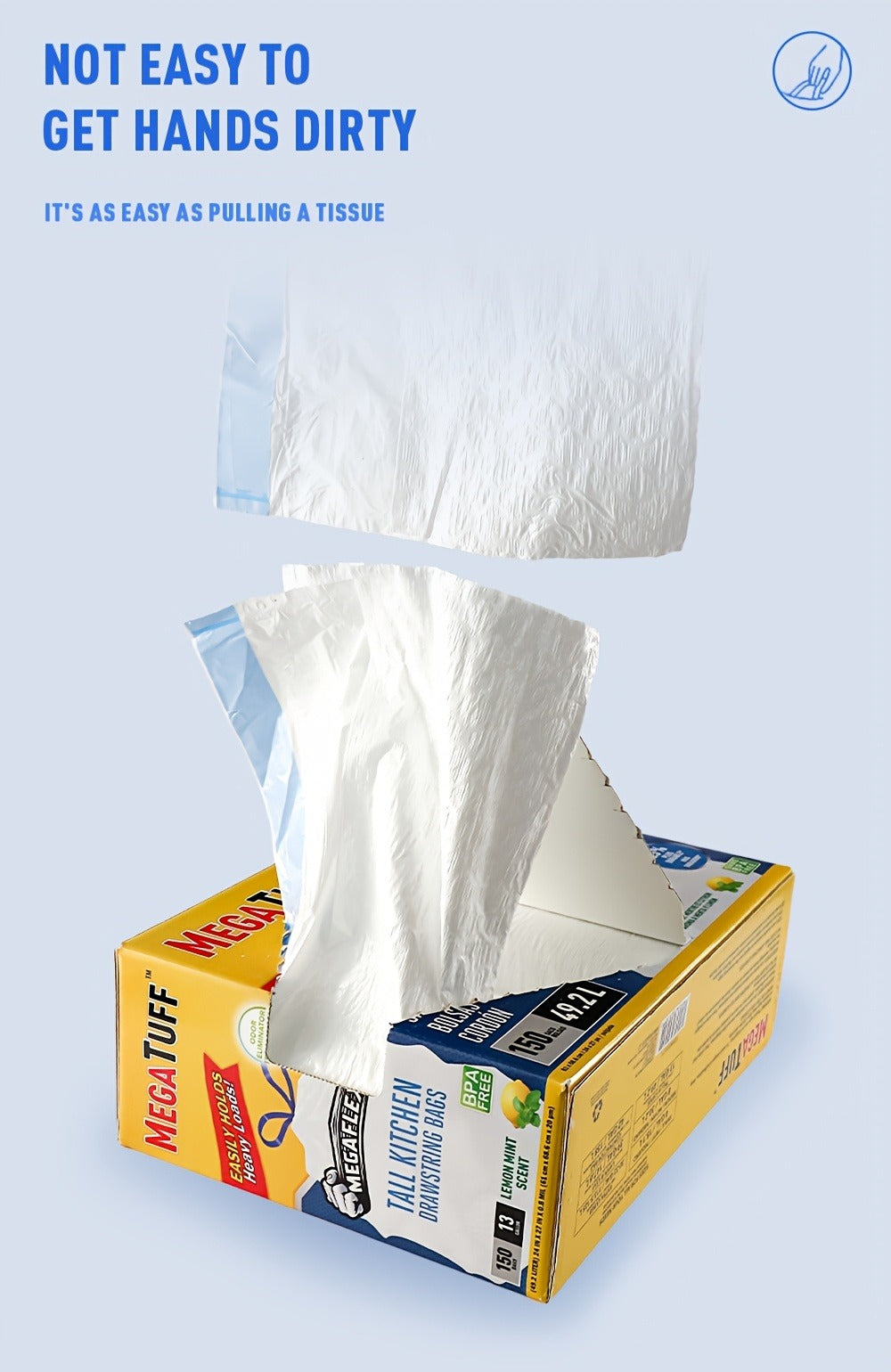 Drawstring Trash Bags 13 Gallon, 150 Count Tall Kitchen Garbage Bags, Puncture & Tear Resistant, Odor Eliminator Technology, Lemon Mint Fresh Scent, Disposable Drawstring Waste Bag - product image 11