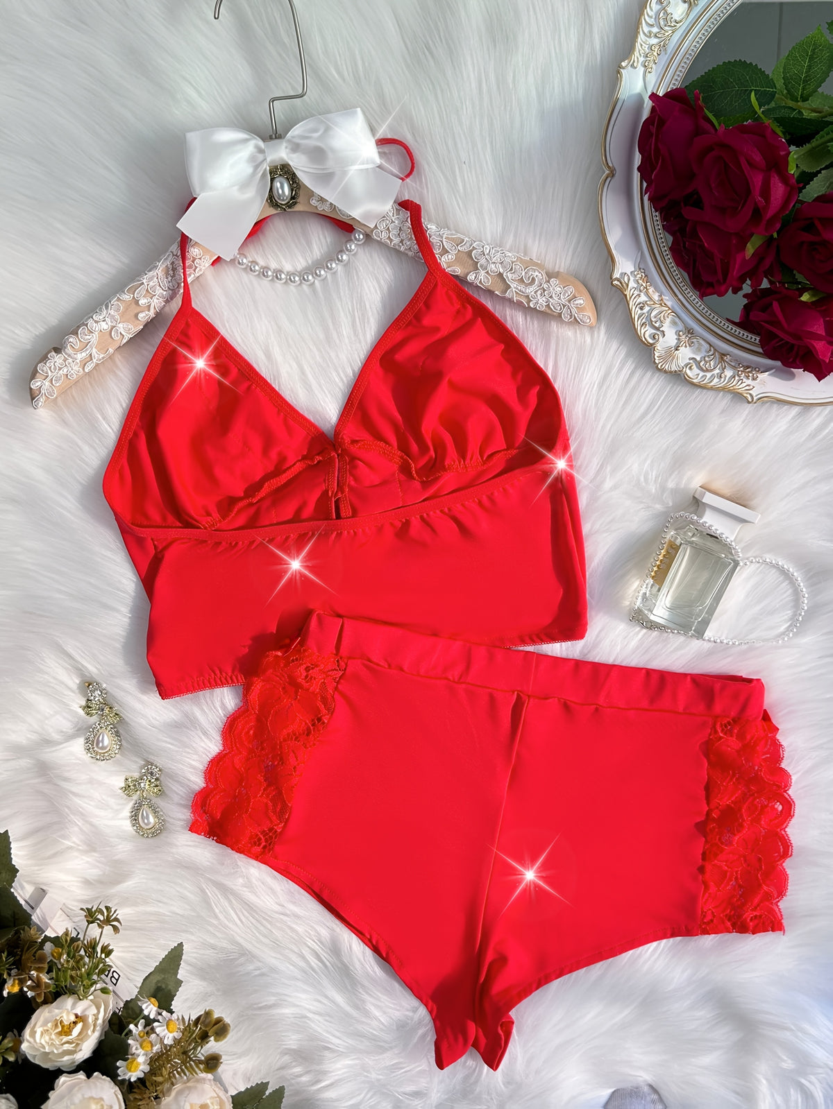Solid Color Lace Splicing Halter Neck Tie Backless Button Splicing Bilateral Side Opening Lace Splicing Soft -friendly Sexy Home Pajamas Set - product image 8