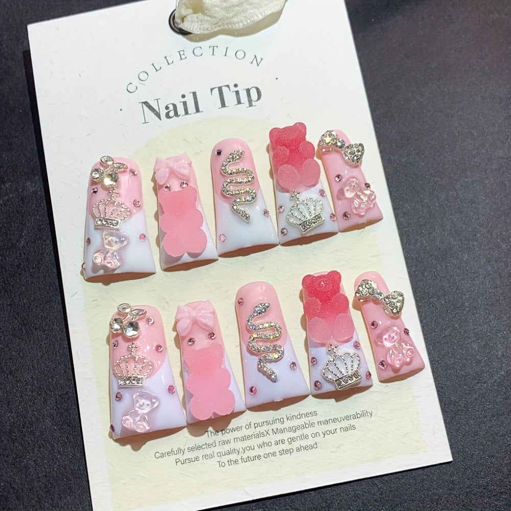 French Tip Press On Nails 10pcs Long Duckbill Pink White Glitter AB Glass Rhinestone – Cute Sugar Bear Cartoon Handmade Wearable False Nails for Wedding, Party, Back to School, Gif - product image 5