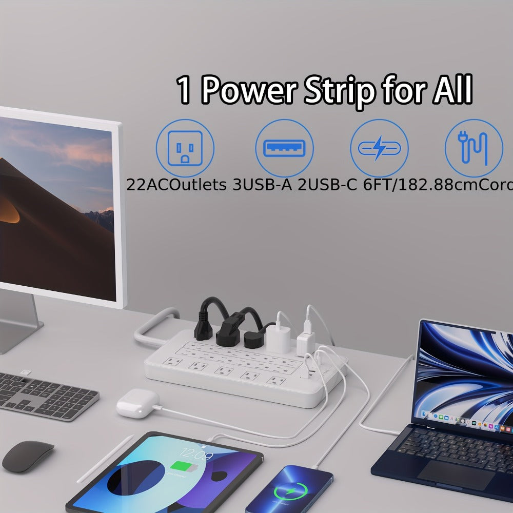 Surge Protector Power Strip with USB C Ports 22 AC Outlets 5 USB Ports - 6ft Flat Plug Extension Cord PD 20W Fast Charging 1875W 15A - Heavy Duty Wall Mount Under Desk Power Strip  - product image
