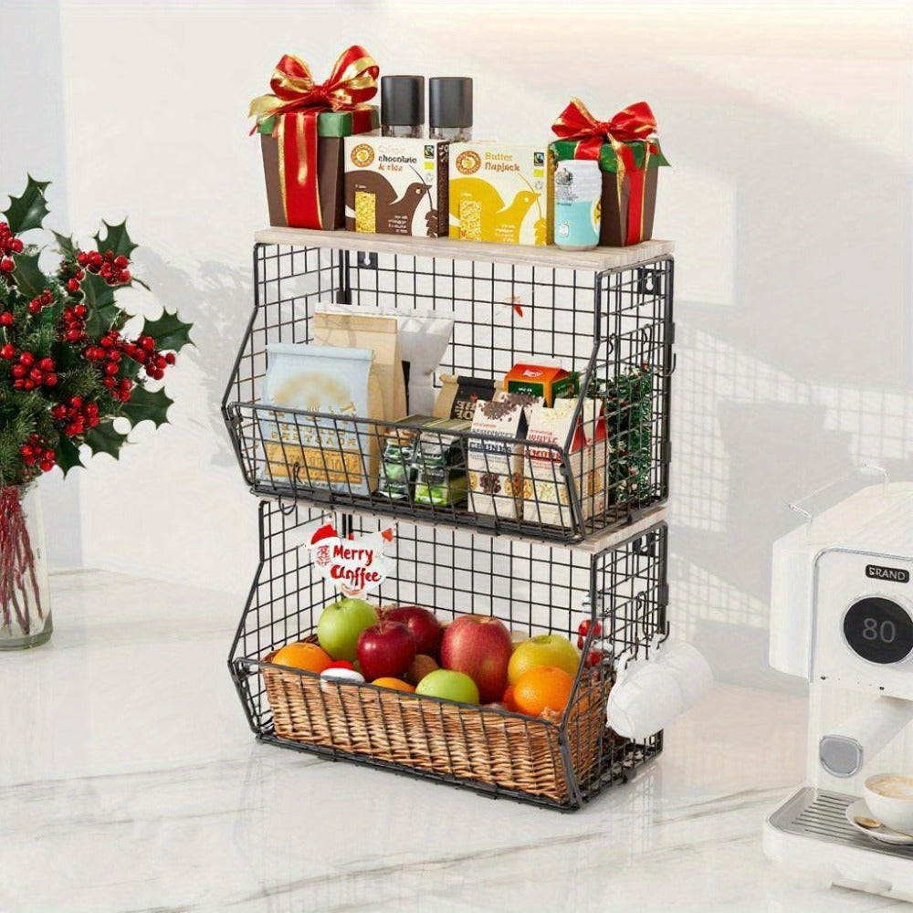 Stackable Metal Wire Fruit Basket with Lid – 1 or 2-Tier Hanging Kitchen Pantry Storage Bin, Wall-Mounted or Countertop Vegetable Organizer for Potato, Onion & Produce, Black - product image 12